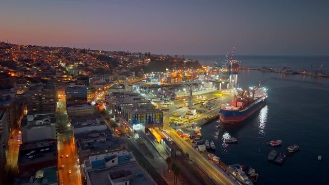 Aerial Night View of Port of Valparaiso Harbor and City Lights economical center