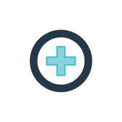 Fototapeta premium A stylized blue and white plus sign inside a dark circle on a white background