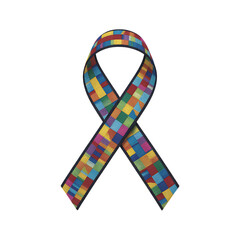 Multi-colored mosaic ribbon representing autism awareness and acceptance on a black background