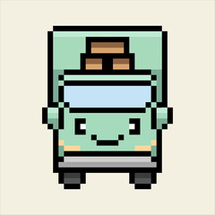 Cute kawaii pixel art 8-bit chibi delivery truck with small box cargo