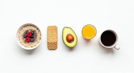 Healthy breakfast with oatmeal, banana, avocado, orange juice, and coffee on white background.