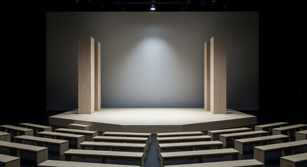 Empty Stage with Spotlight and Wooden Steps for Performance or Presentation.