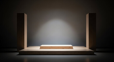 Minimalist Modern Stage with Spotlights and Wooden Platform for Performances.
