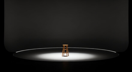 Minimalist Scene with Single Wooden Stool on Dark Stage with Spotlight.
