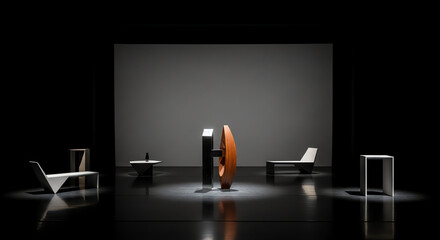 Minimalist Modern Interior Design with Black Walls and Unique Furniture Arrangement.