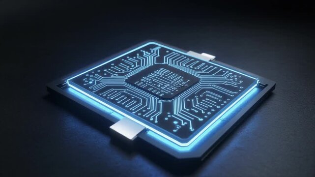 4K video of glowing blue microchip on dark background