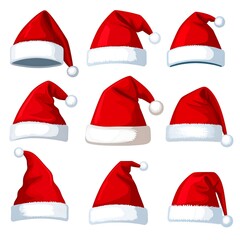 Nine festive red conical caps with white fur trim and pom-poms, perfect for holiday celebrations and winter fun
