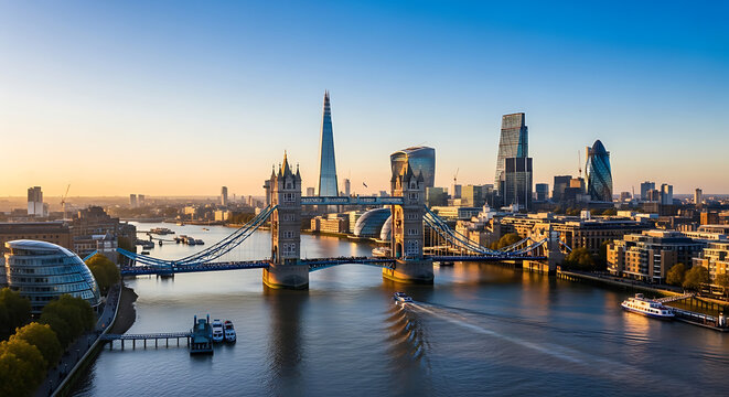 Panoramic View of London Cityscape and Tower Bridge at Dusk with River Thames and Boats