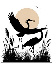 Silhouette artwork shows two herons, one soaring, the other standing, against a sunset backdrop, framed by tall reeds. A bird flies