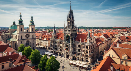 Obraz premium Aerial view of a historic cityscape with a prominent cathedral and old town architecture