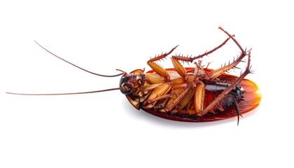 Upside-down close-up of a brown insect with long antennae, showing its underside and legs against a white background