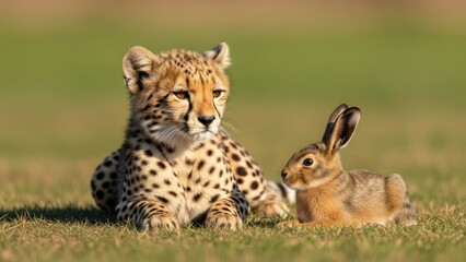 Cheetah and Rabbit Lying Together in Grass.