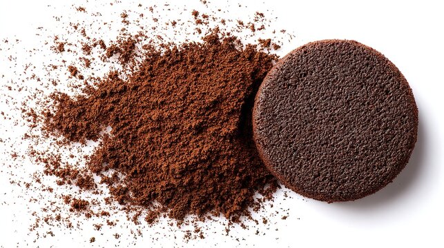 Dark brown espresso grounds spilled next to a circular cake layer on a white background