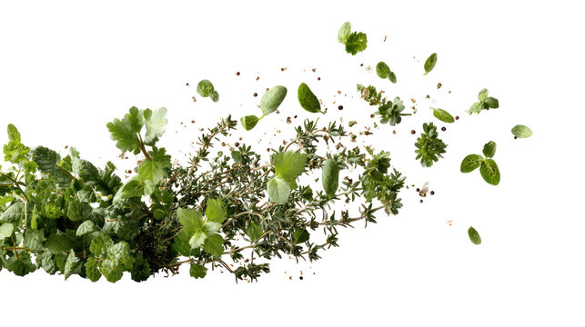 A bunch of green herbs flying in the air on transparent background