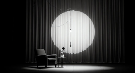 Empty Theater Stage with Large Circular Spotlight and Minimalist Decor.