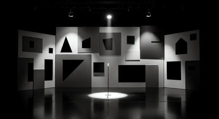 Modern abstract art installation with geometric shapes and spotlight illumination.