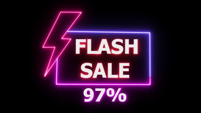 Neon flash sale banner with 97 percent discount glowing pink and purple on black background for ecommerce advertising