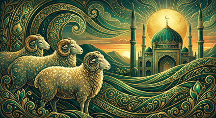 Ornate Islamic Illustration with Mosque and Sheep for Eid al Adha