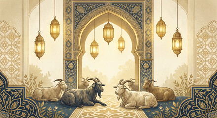 Golden Mosque Interior Scene with Sheep for Eid al Adha