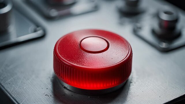 Close up of a finger about to press a large red emergency stop button on industrial control panel
