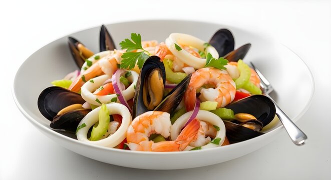 A classic Italian insalata di mare made with shrimp, mussels, squid, and fresh vegetables, lightly dressed and served as a chilled seafood appetizer
