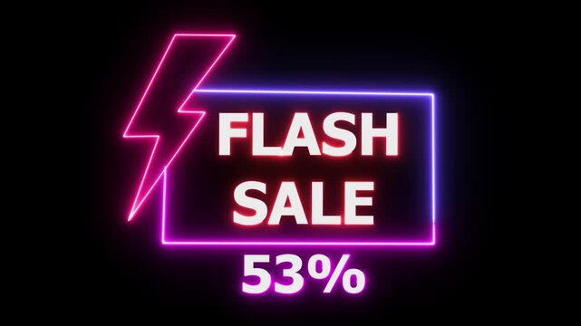 Neon flash sale sign with lightning bolt and 53 percent discount on black background for ecommerce advertising