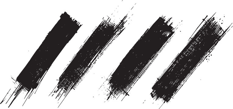Diagonal grunge brush stroke texture set. Rough black paint smear and distressed ink marks. Vector design elements.