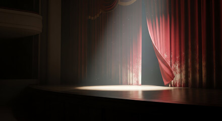 Empty Theater Stage with Spotlight and Red Curtains Ready for Performance.