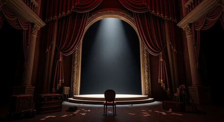 Empty Theater Stage with Spotlight and Red Curtains in a Classic Performance Venue.