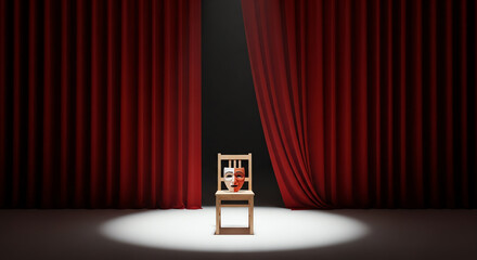 Empty Theater Stage with Red Curtains and Spotlight on Chair.