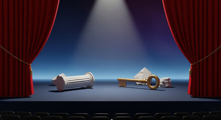 Theater Stage with Playful Piano and Guitar Props Ready for Performance.