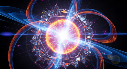 Vibrant Abstract Visualization of Atomic and Subatomic Particle Interactions.