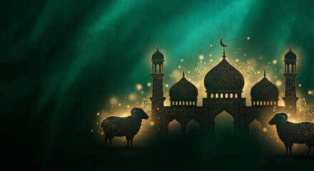 Emerald Green Eid al Adha Illustration with Mosque and Sheep