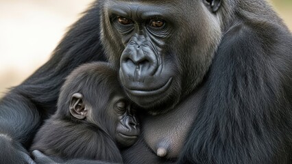 Naklejka premium Gorilla Mother and Baby Embrace Portrait.