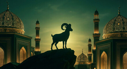 Night Mosque Scene with Ram Under Crescent Moon