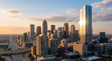 Fototapeta premium Cityscape with modern skyscrapers and busy roads during sunrise from an aerial viewpoint