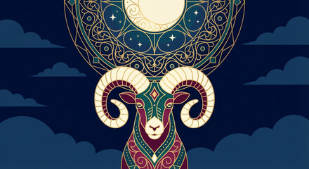 Ornamental Ram Head Under Moonlight for Eid al Adha