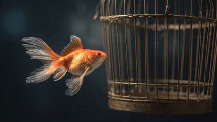 Surreal Concept Of Goldfish Swimming In Air Inside Vintage Metal Birdcage