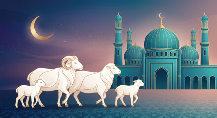 Soft Pastel Mosque and Sheep Family Illustration