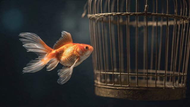 Surreal Concept Of Goldfish Swimming In Air Inside Vintage Metal Birdcage