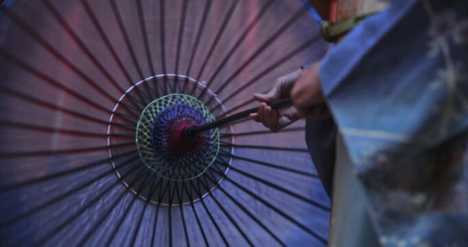 Japanese woman spinning umbrella and closing it - closeup