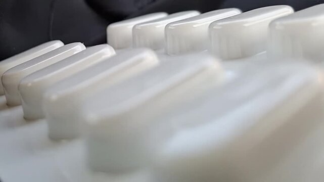 Extreme close-up of a white medicinal blister pack. Low-angle shot focusing on repetitive rows of tablets against a dark background. Concept of pharmaceutical industry, healthcare, and medication.