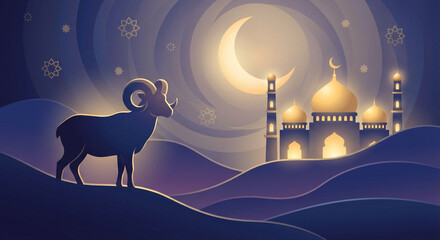 Ram Silhouette on Dunes with Mosque Glow