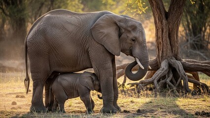 Elephant Mother and Calf in Forest.