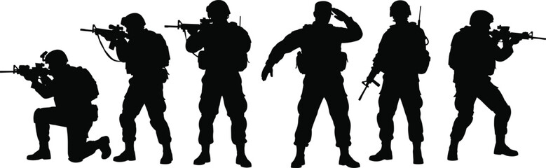Set of black silhouettes showing soldiers in tactical gear with rifles, standing and aiming poses, isolated on white background, vector graphic elements for design.