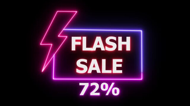 Neon flash sale banner with lightning bolt and 72 percent discount glowing on black background for ecommerce marketing