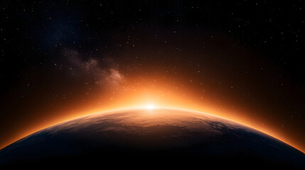 Obraz premium Stunning view of planet horizon at sunrise, showcasing vibrant colors and stars in background 