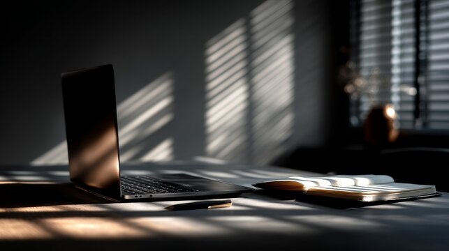 Minimal modern workspace with matte black laptop, notebook, and pen on clean desk under dramatic natural light and cinematic shadows, featuring neutral tones and premium studio aesthetic.