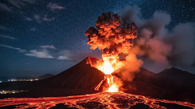 Fiery volcano eruption at night.