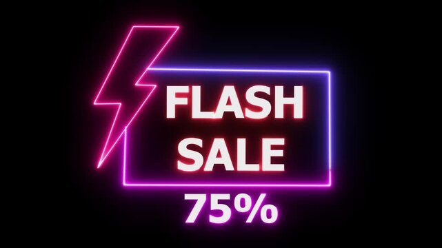 Neon flash sale banner with lightning bolt and 75 percent discount glowing pink purple on black background